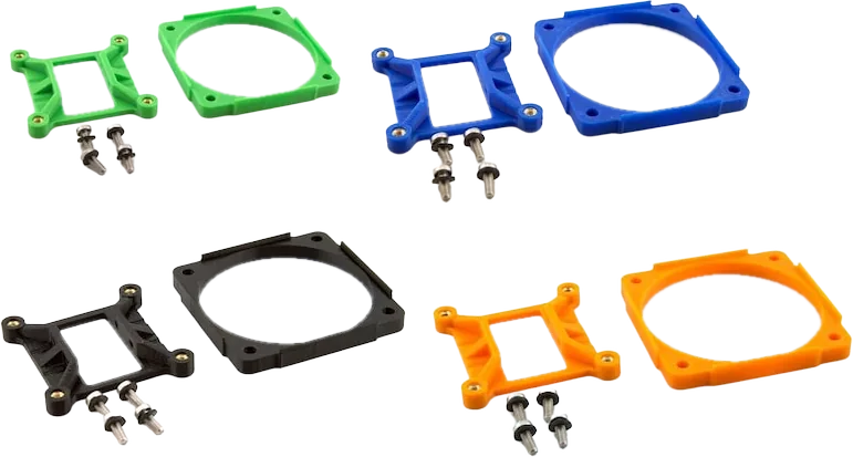 Argon THRML combo sets — radiator adapter and 60mm fan adapter — shown in four colors