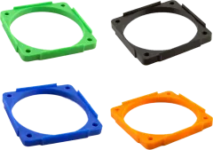 Printed 60mm fan adapter frames for Argon THRML heatsinks, shown in green, black, blue and orange