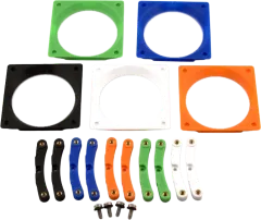GeekPi combo parts: fan adapter frames and socket clasps in five colors, with stainless screws