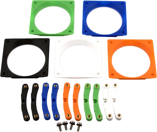 GeeekPi combo parts: fan adapter frames and socket clasps in five colors, with stainless screws