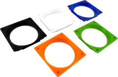 Printed GeeekPi Low-Profile Plus fan adapter frames, shown in black, white, blue, green and orange