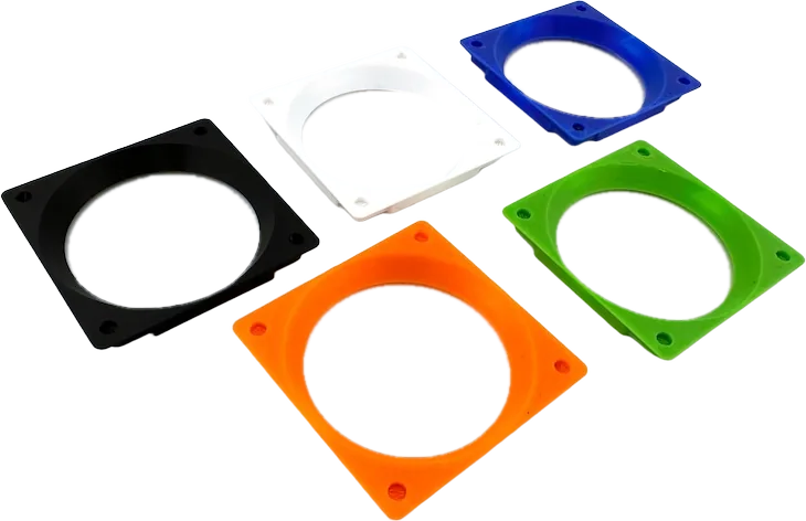 Printed GeeekPi Low-Profile Plus fan adapter frames, shown in black, white, blue, green and orange