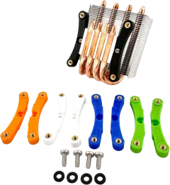 Black printed socket adapter fitted to a GeeekPi Low-Profile Plus heatsink, with more adapters in orange, white, blue and green, screws and plastic washers