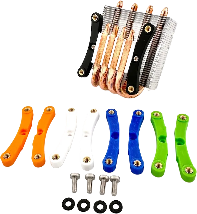 Black printed socket adapter fitted to a GeeekPi Low-Profile Plus heatsink, with more adapters in orange, white, blue and green, screws and plastic washers