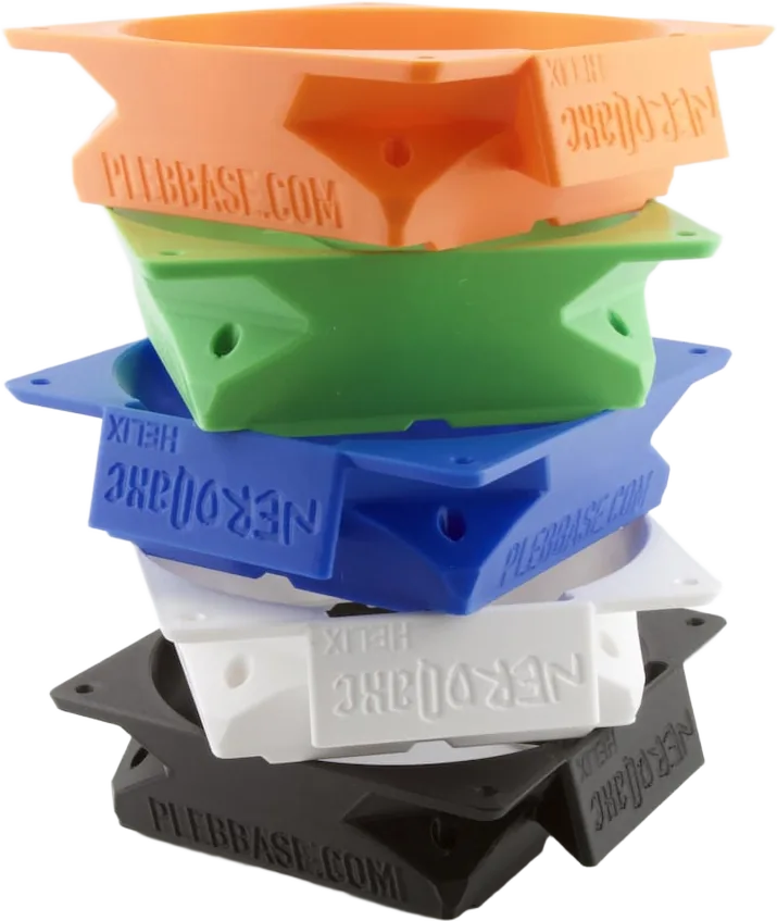 NQ-HELIX 120mm fan shrouds stacked, in several colors